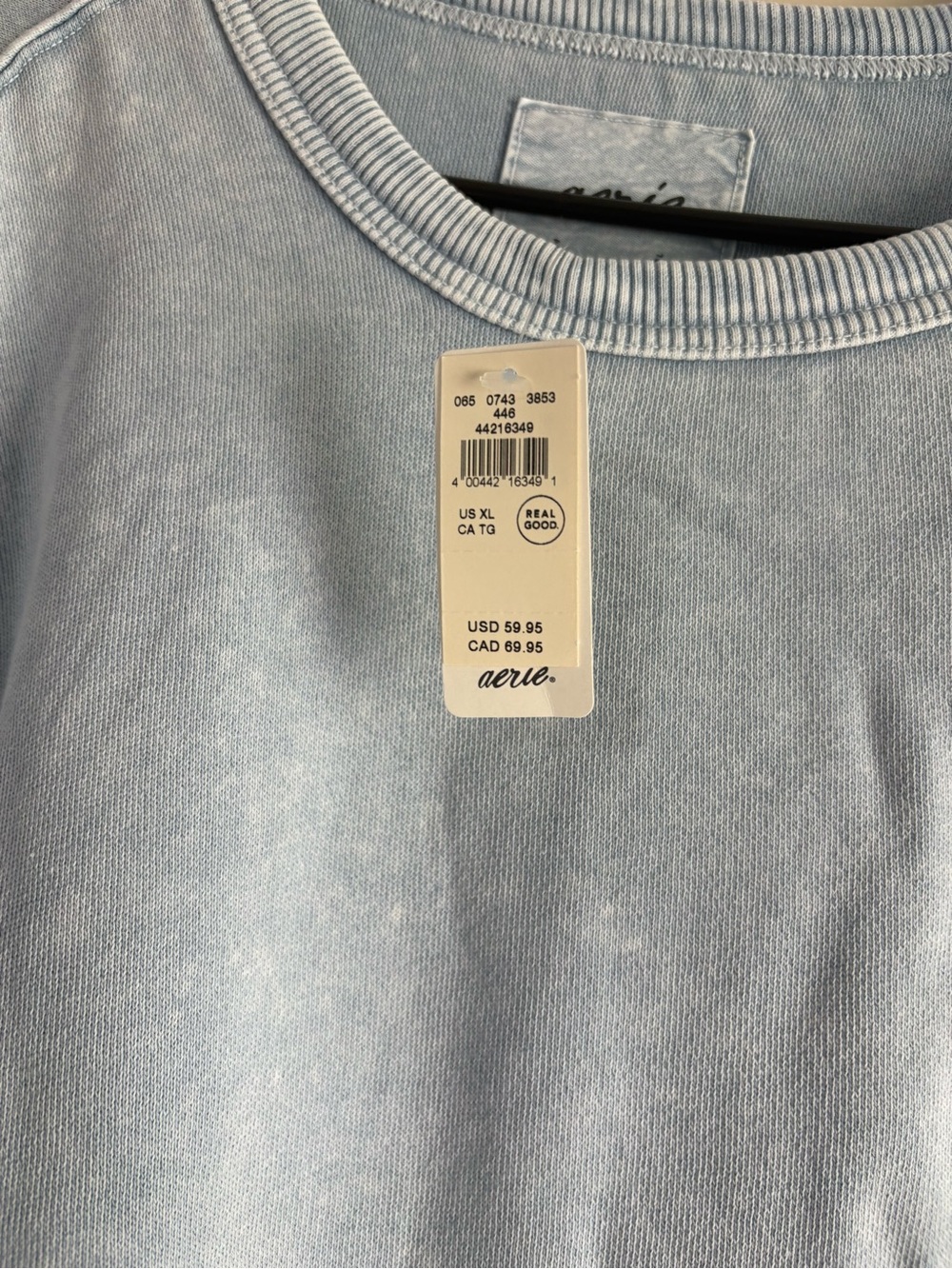 aerie Washed Light Blue Crewneck Puff Sleeve Sweatshirt - Picture 3 of 4